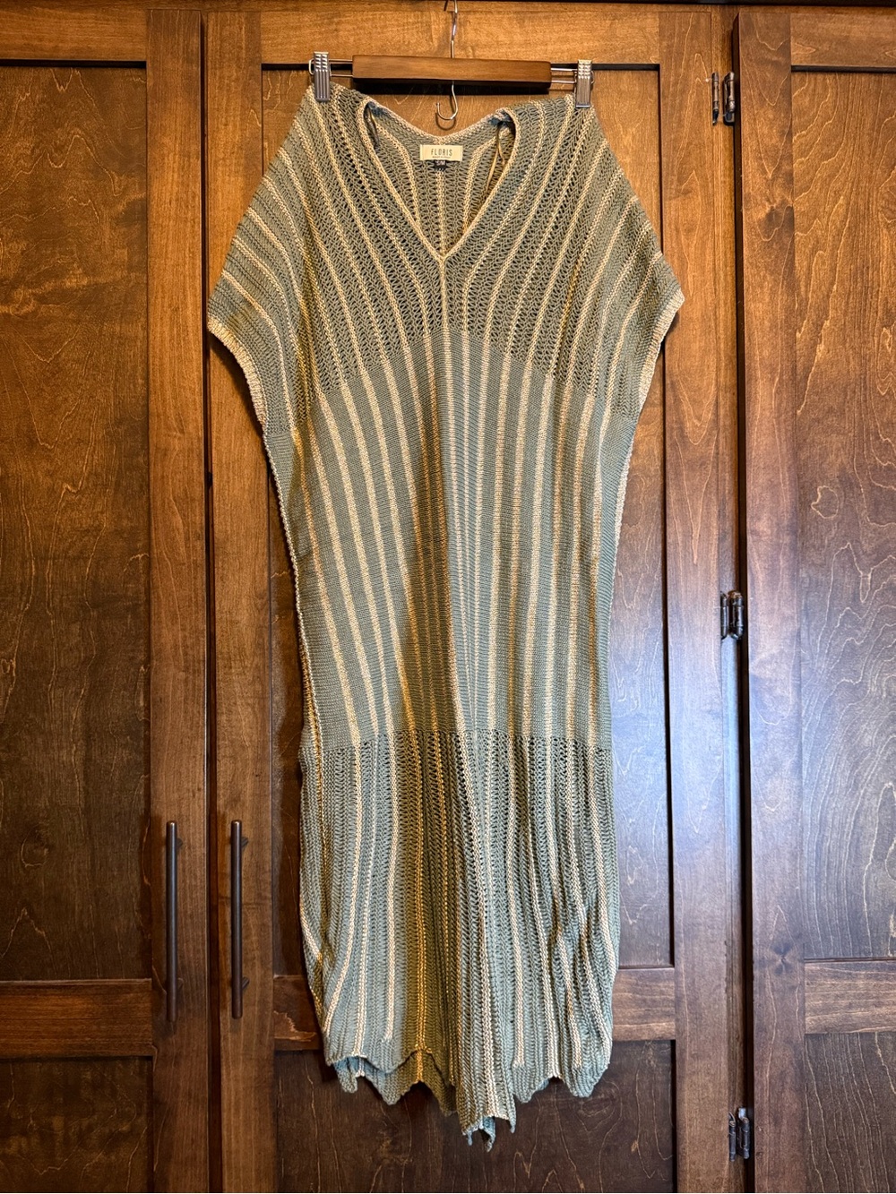 Knit V-Neck Stripe Swim Coverup in Sage and Cream